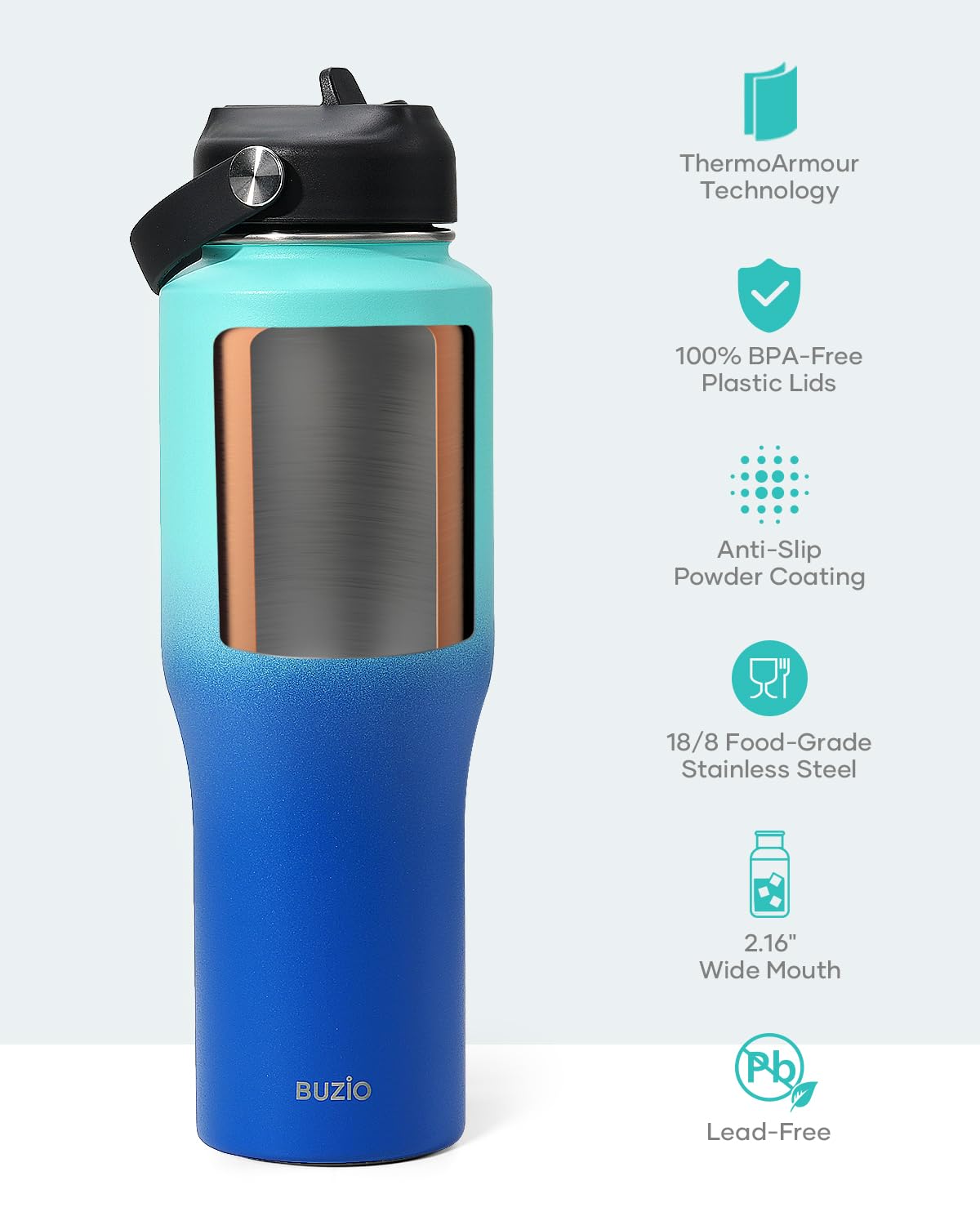 Buzio Insulated Water Bottle Fits In Cup Holder, Double Wall Vacuum Insulated Tumbler With Straw Lid, Stainless Steel Leak-Proof
